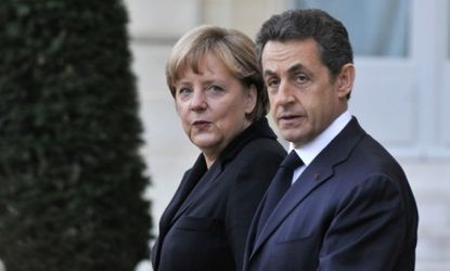 German Chancellor Angela Merkel and French President Nicolas Sarkozy presented a plan Monday that would penalize eurozone countries with out-of-control deficits.