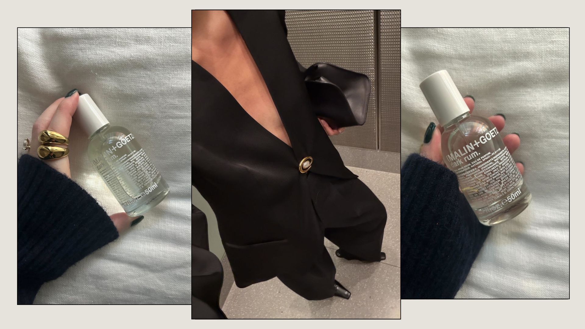 A collage of junior beauty editor Grace Lindsay holding the Malin + Goetz Dark Rum perfume and a woman wearing an evening outfit including a black blazer and black heeled boots