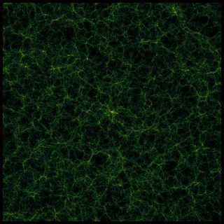 This image of the large-scale universe is a slice from a large simulation called 'GiggleZ' which complements the WiggleZ survey. It shows a snapshot of the large-scale matter distribution. Released Aug. 21, 2012.