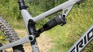 Close up of shock on mountain bike