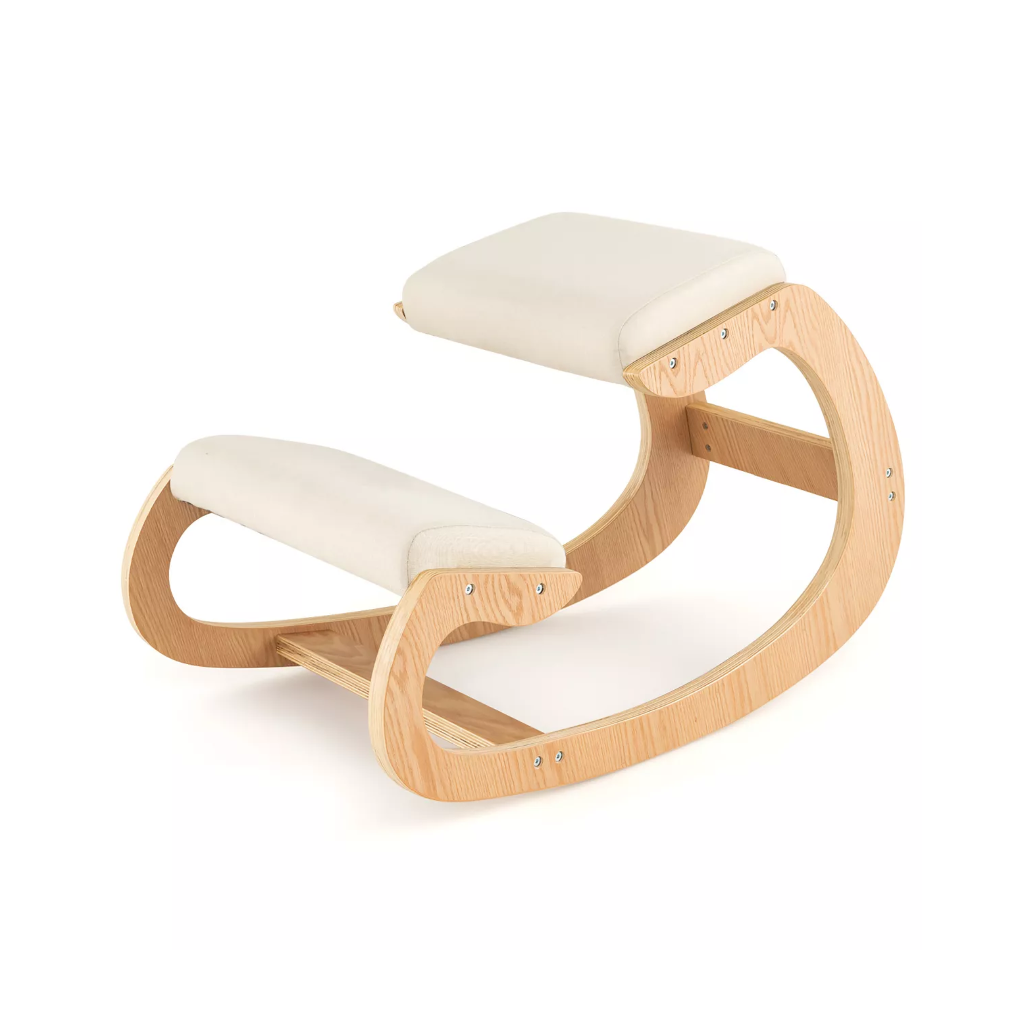 Wooden rocking kneeling chair with white cushioning