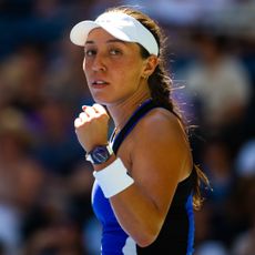 Jessica Pegula of the United States reacts to converting match points against Diana Shnaider in the fourth round on Day 8 of the US Open at USTA Billie Jean King National Tennis Center on September 02, 2024 in New York City.