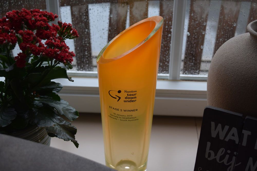 Jasper Philipsen's trophy for winning a stage at the Tour Down Under