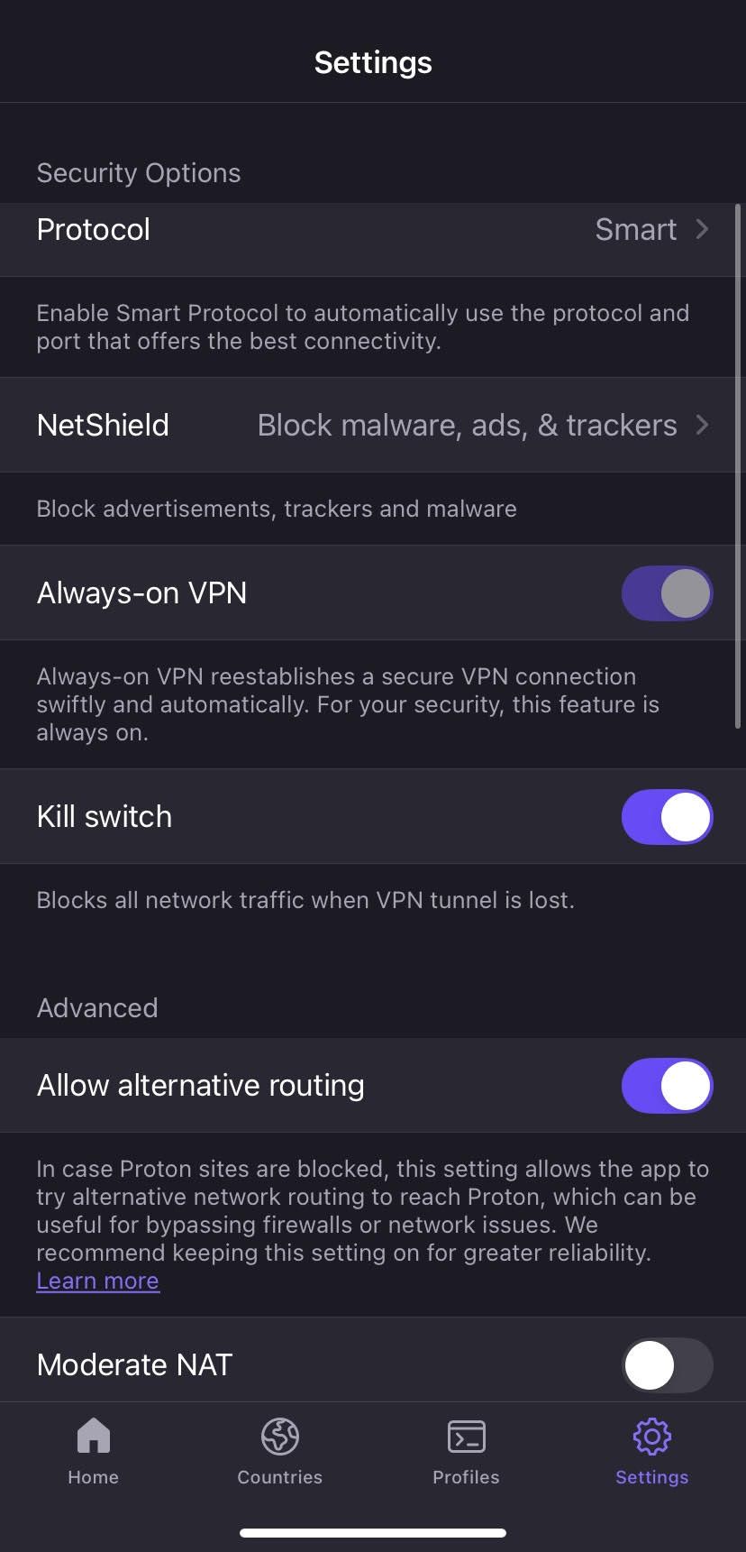 Proton VPN's iOS app, displaying its settings. Settings include protocol, NetShield, Always-On VPN, Kill Switch, allow alternative routing and Moderate NAT