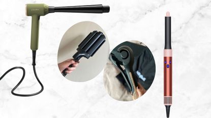 a marble backdrop with an image of MD London Curl in Olive green, a hand holding ghd Wave, a hand holding Babyliss wave secret and a dyson airwrap