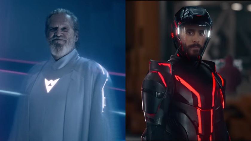 Side by side of Jeff Bridges smiling and an inquisitive Jared Leto in Tron: Ares.