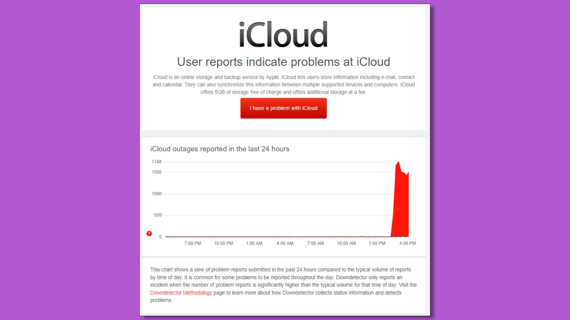 A screenshot of downdetector showing an Apple iCloud outage