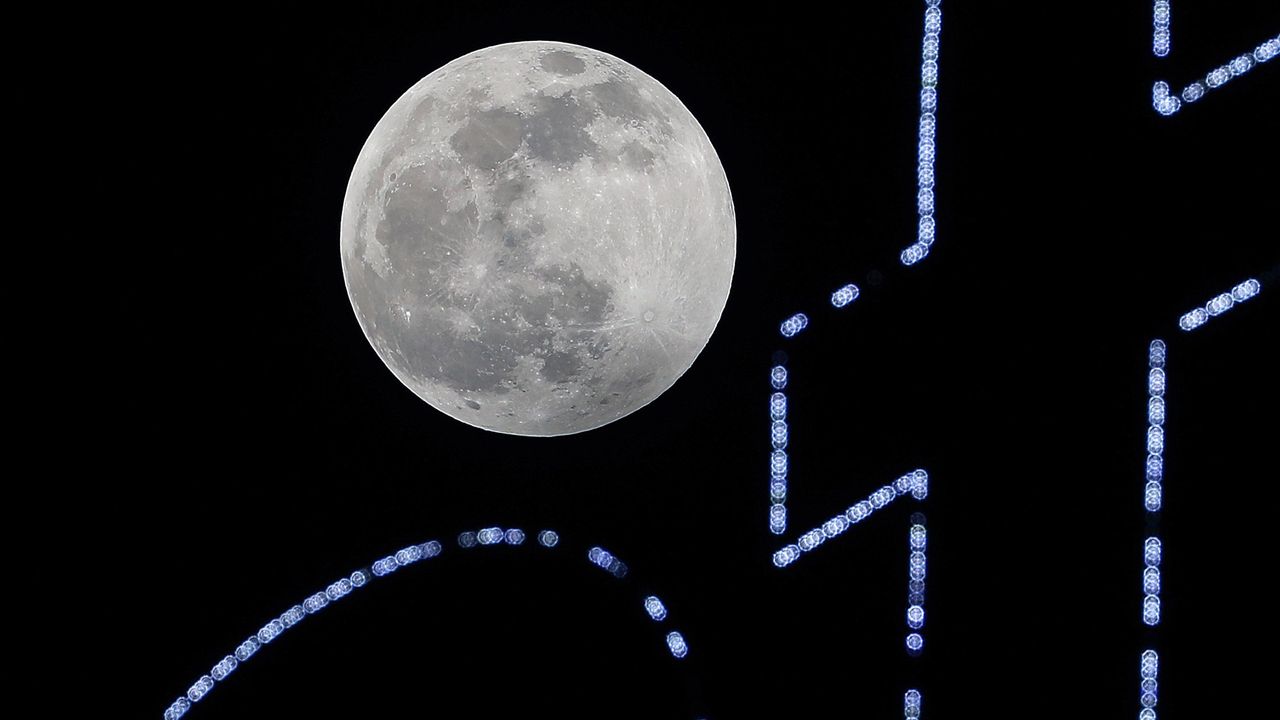 The Full Wolf Moon is seen during the penumbral lunar eclipse over Istanbul, Turkey, on Jan. 10, 2020.