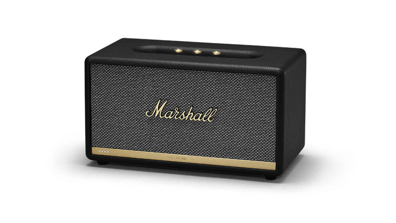the marshall stanmore wireless speaker in black with gold detailing