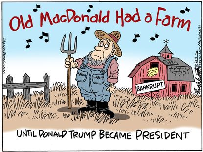 Political cartoon U.S. Trump trade war tariffs farmers bankrupt