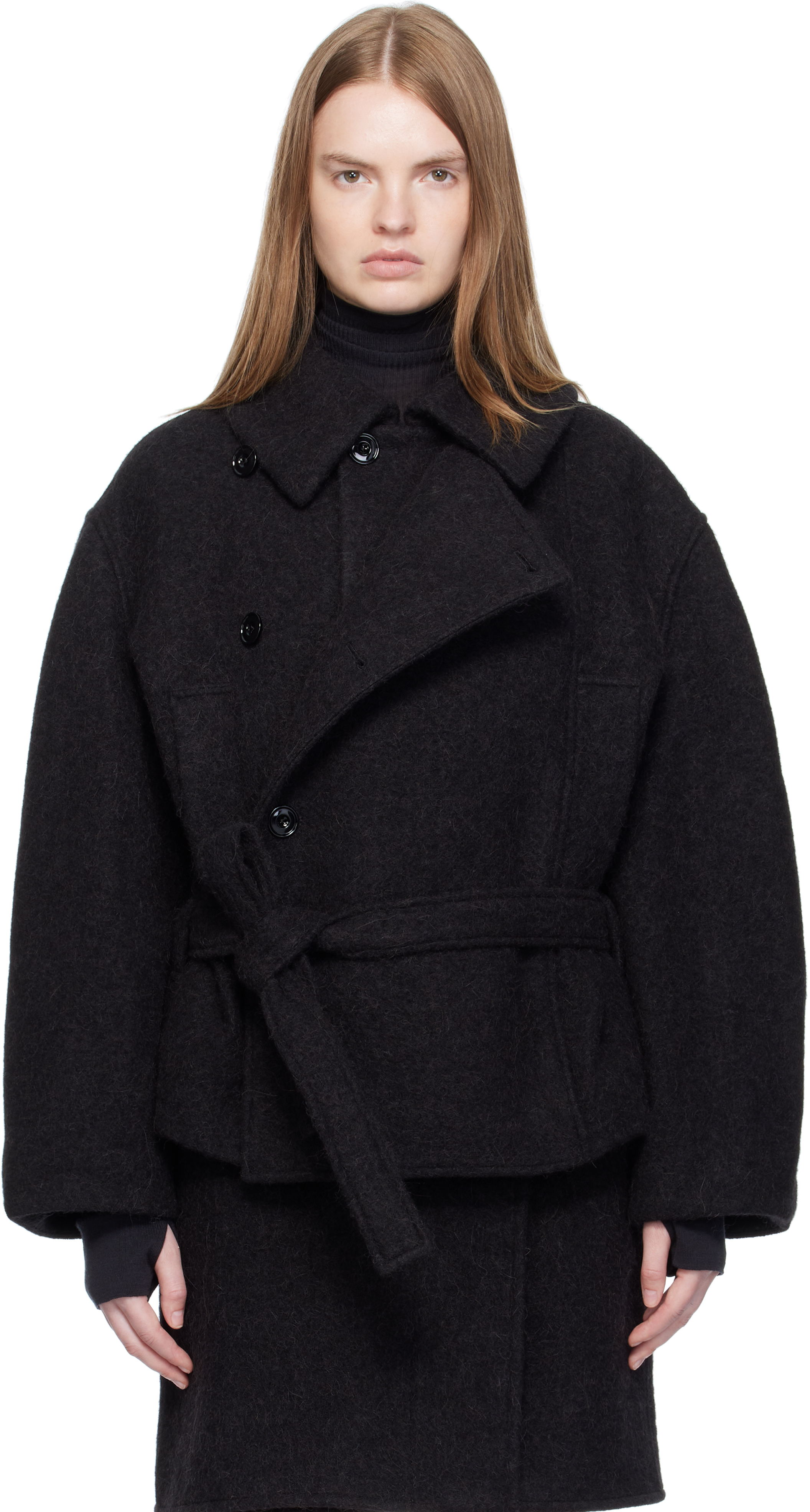 Black Short Asymmetrical Bathrobe Coat