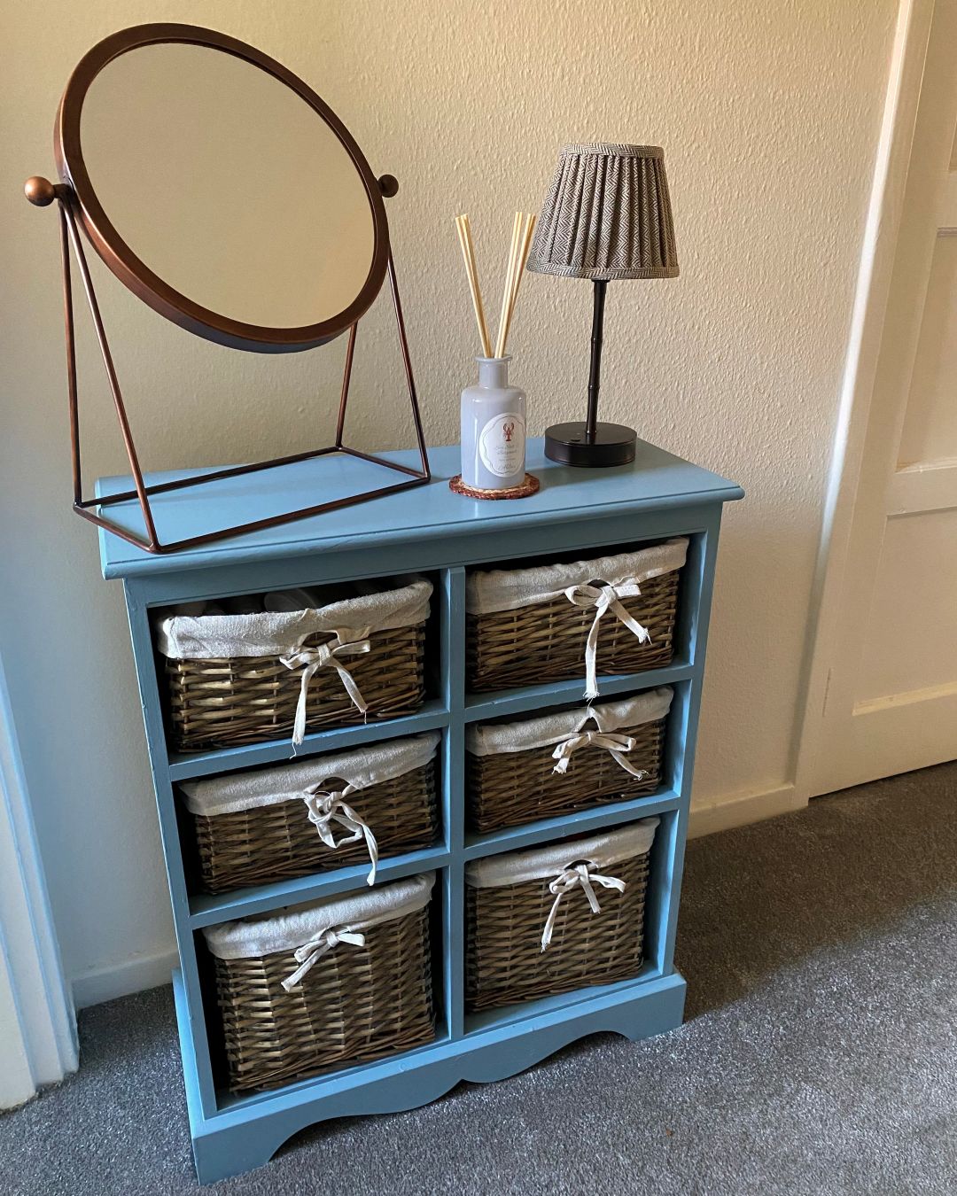 blue storage unit in hallway