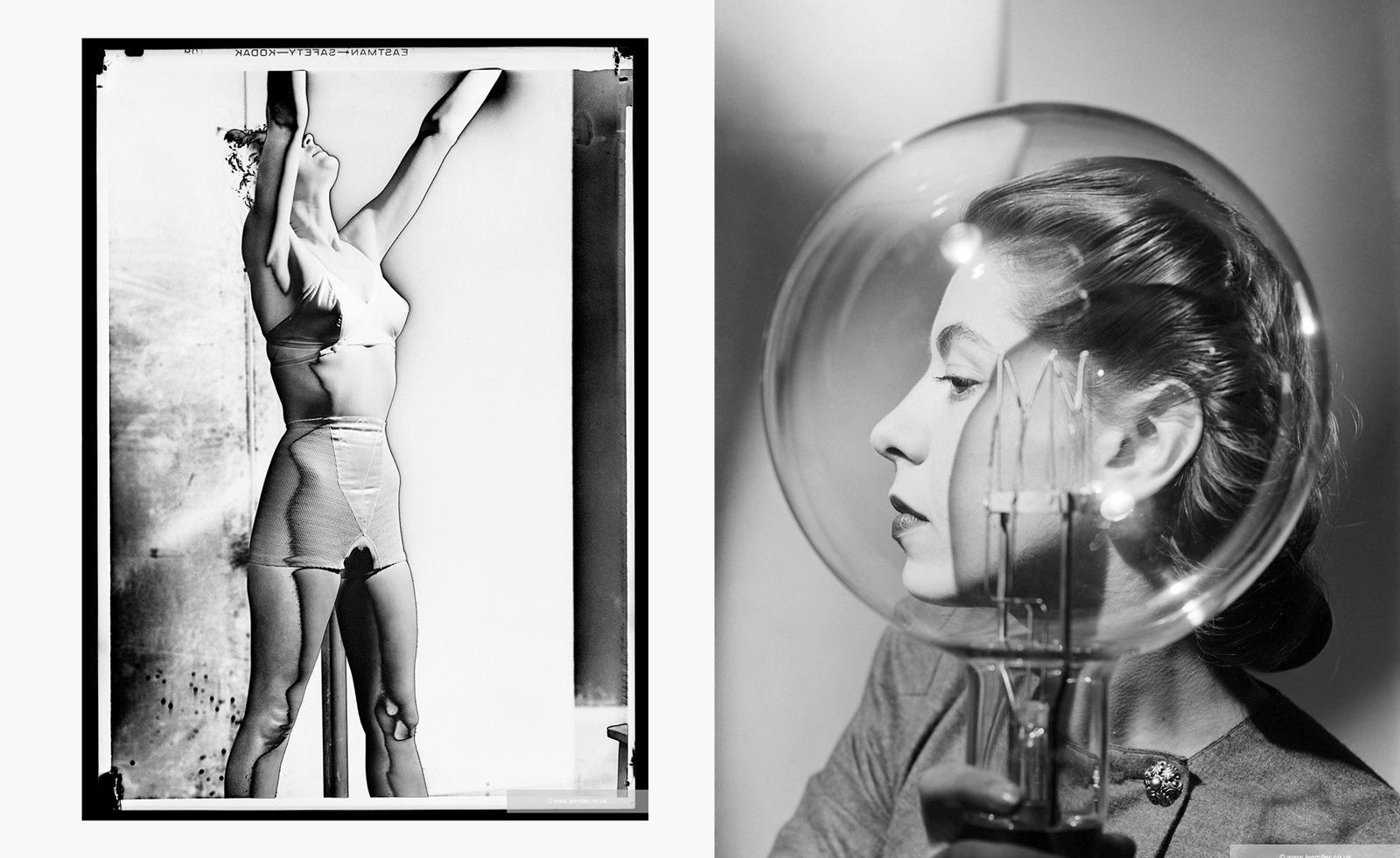 Lee Miller photography of woman reaching up, in underwear, and woman&#039;s head seen through giant light bulb