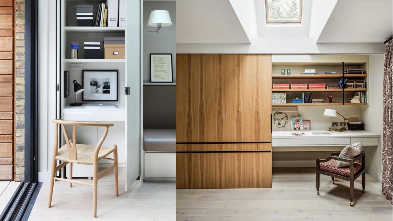 a small closet with a single desk and shelves inside, and a larger closet office behind a large sliding timber door