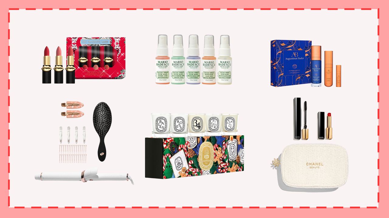 Collage of the best beauty gift sets to buy for the holidays 