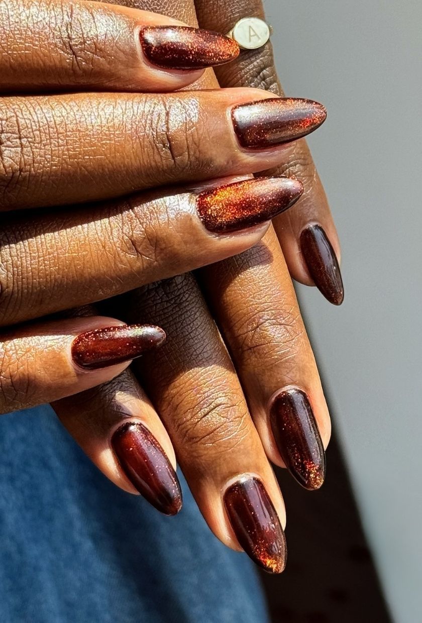a close-up shot of dark brown velvet nails