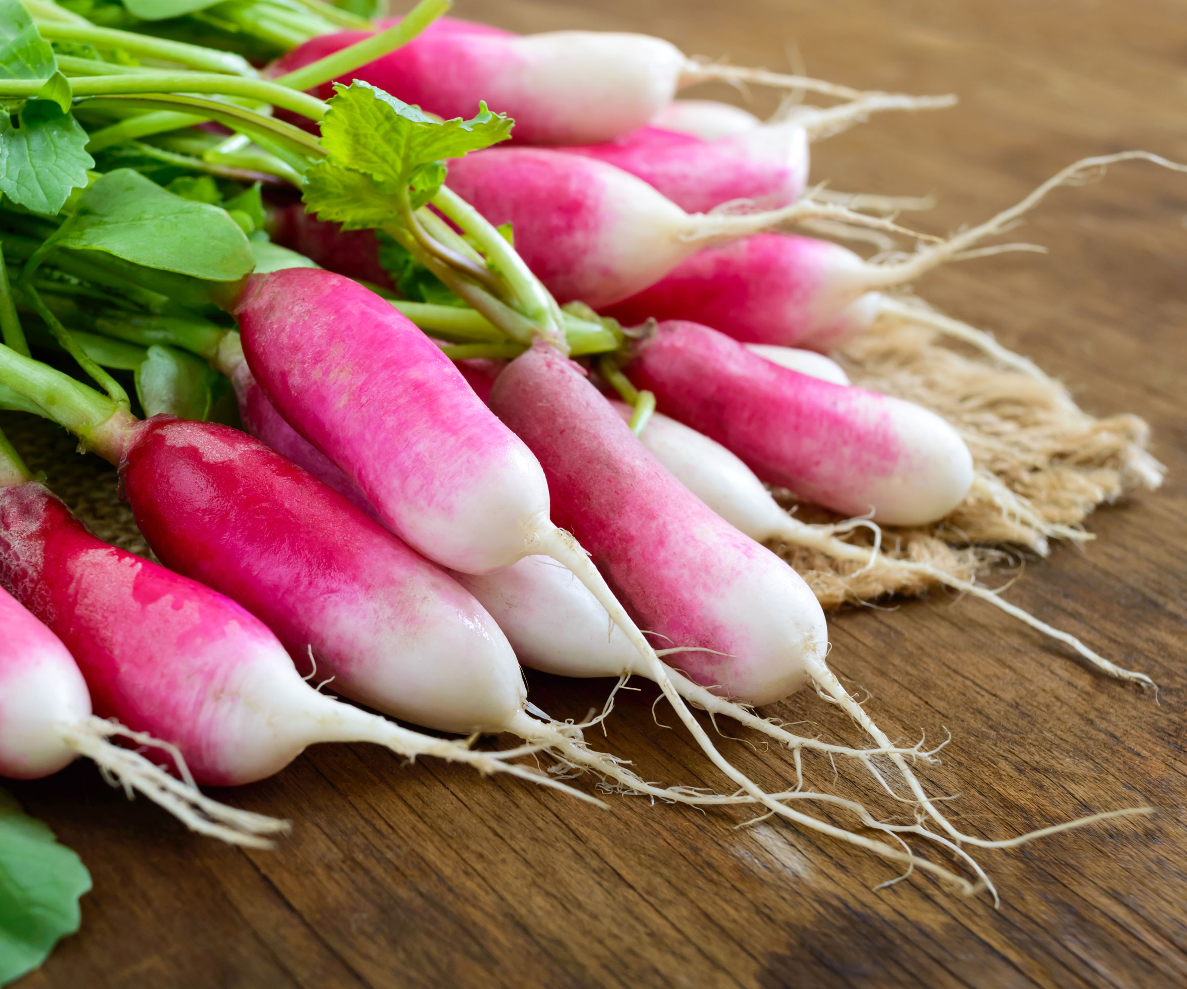 pink and white French breakfast radishes on brown wooden table