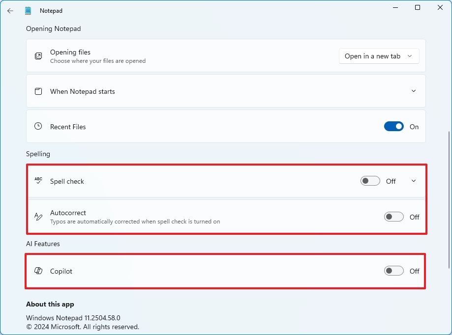 Notepad disable AI features
