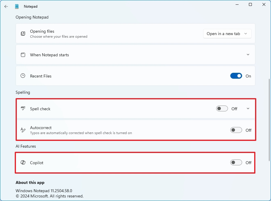 Notepad disable AI features