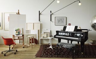 Grand piano and art easels