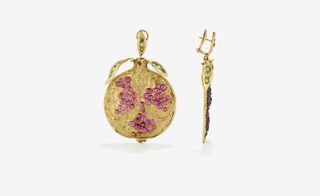Pomegranate earrings in brass with old bronze aspect garnet and  green Swarovski crystals