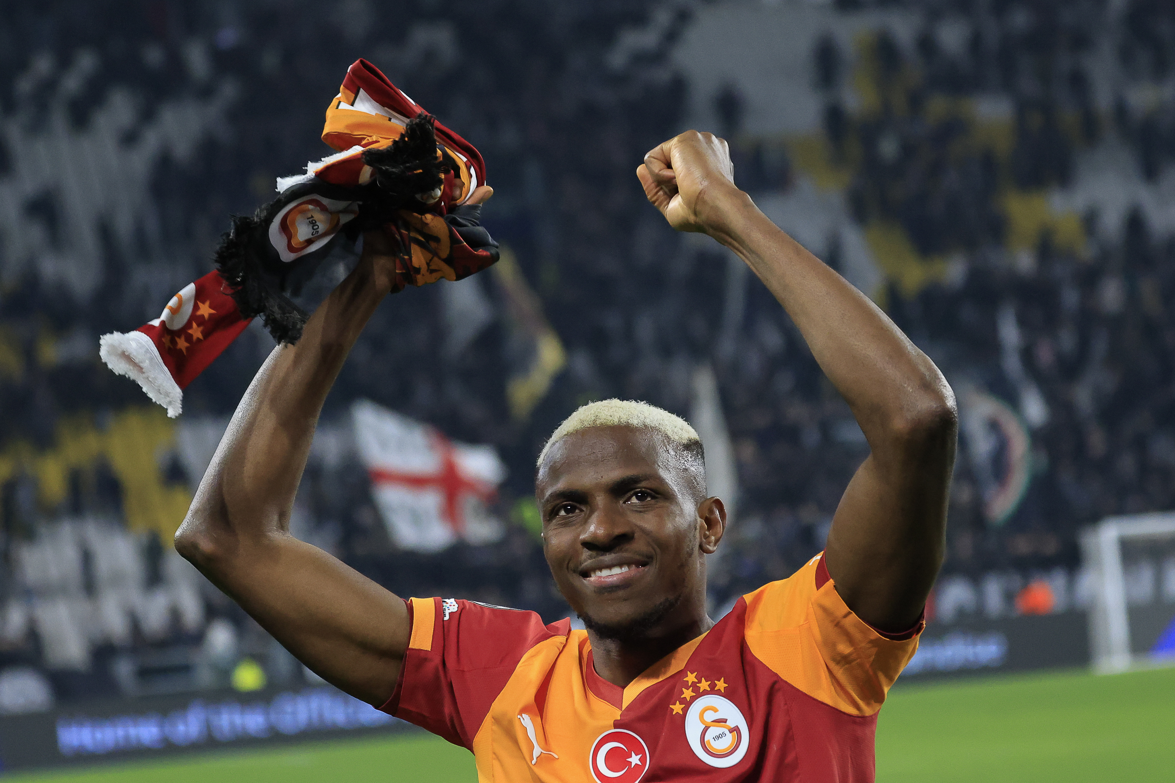 TURIN, ITALY, FEBRUARY 25: Victor Osimhen, of Galatasaray, greets fans at the end of the UEFA Champions League round of 16 play-off second leg match between Juventus and Galatasaray at the Juventus Stadium in Turin, Italy, on February 25, 2026. (Photo by Riccardo De Luca/Anadolu via Getty Images)