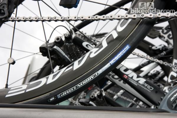 Hutchinson tubulars are glued to Shimano carbon rims on the Spidertech team bikes at the USA Pro Challenge.