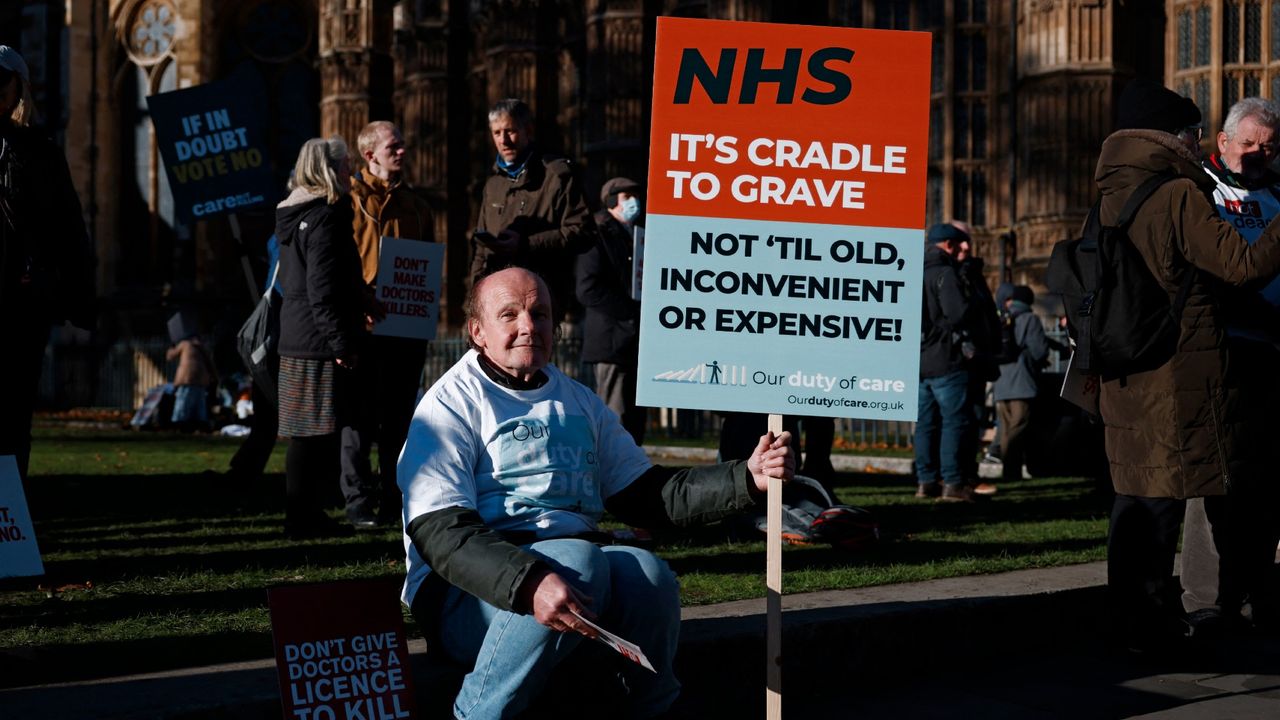 A campaigner against the assisted suicide bill seen at a demonstration outside the Houses of Parliament in November last year