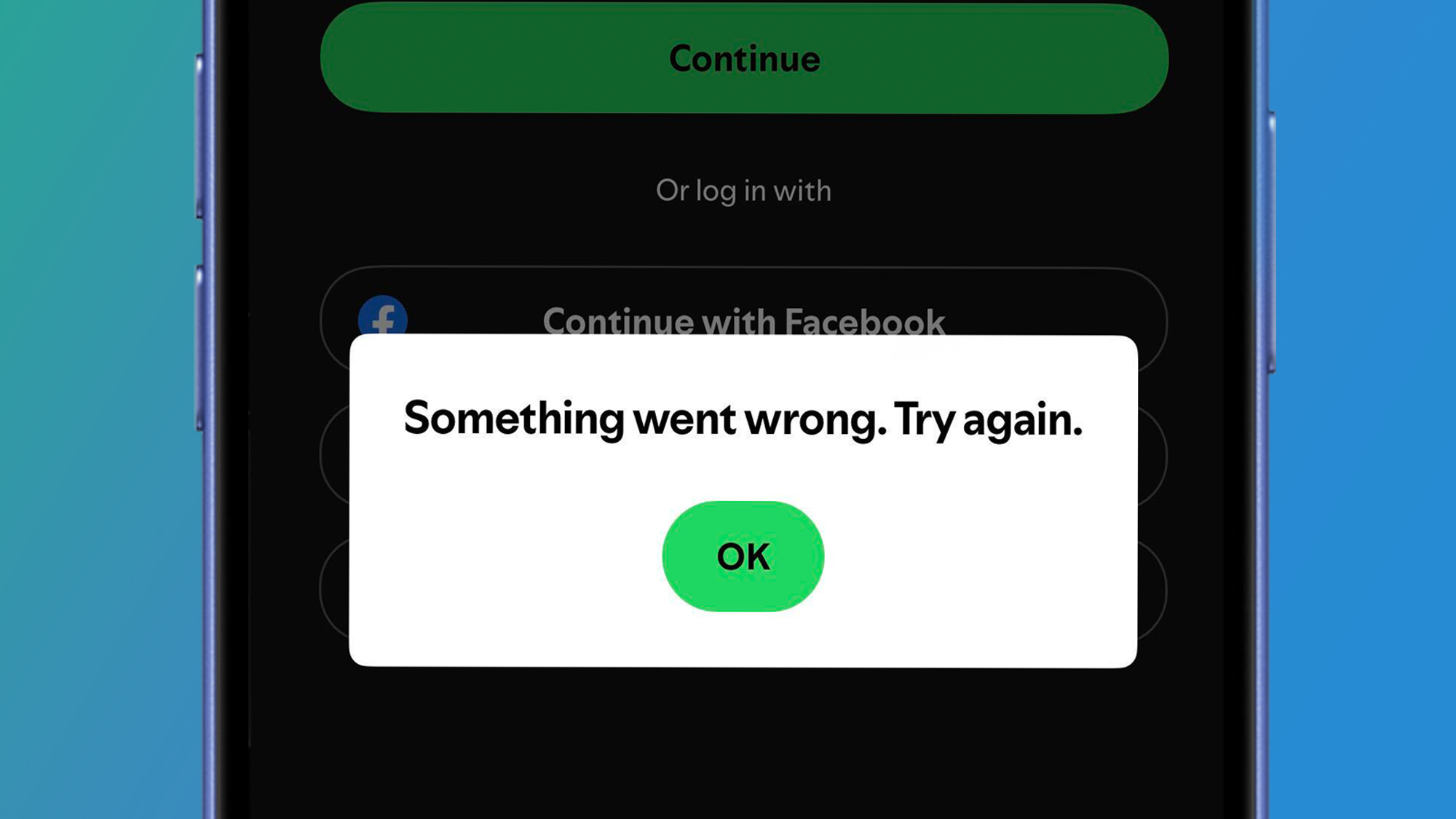A phone on a blue and green background showing a Spotify error message