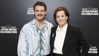 TOKYO, JAPAN - APRIL 18: Pedro Pascal and Sigourney Weaver pose for a photo backstage during Star Wars Celebration Japan Day 1 on April 18, 2025 in Chiba, Japan. 
