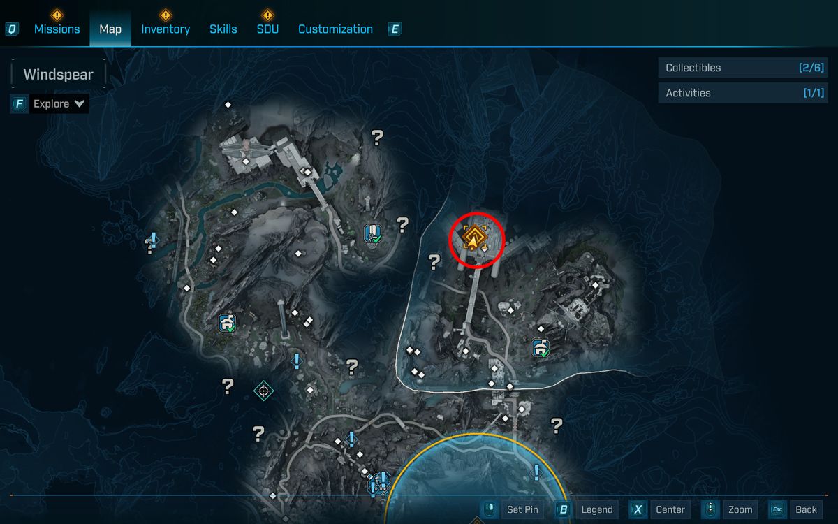 Borderlands 4 Super Soldier location: A map with a red circle highlighting the location of Vile Lictor's Umbral Factory in Windspear, Terminus Range.