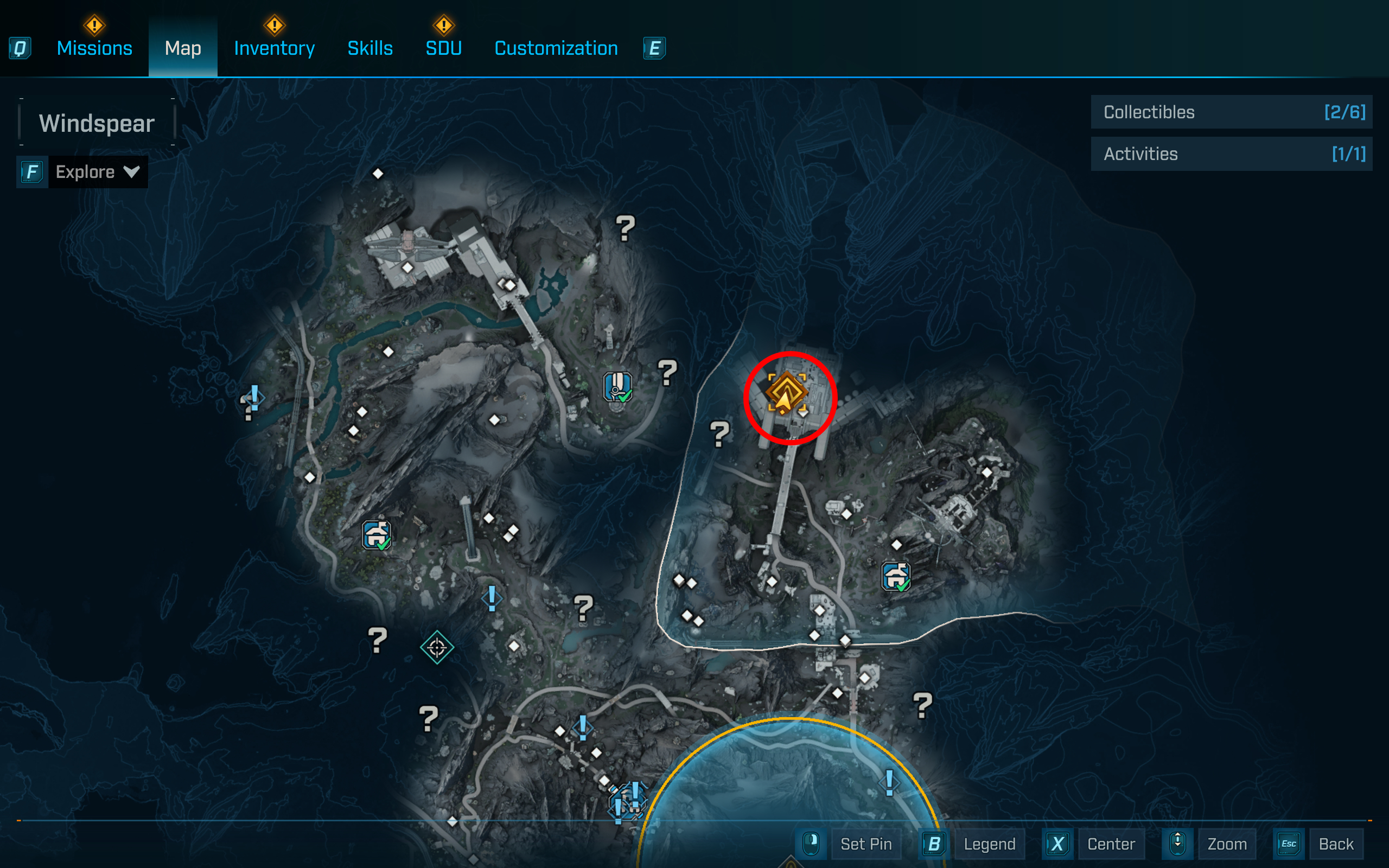 Borderlands 4 Super Soldier location: A map with a red circle highlighting the location of Vile Lictor's Umbral Factory in Windspear, Terminus Range.