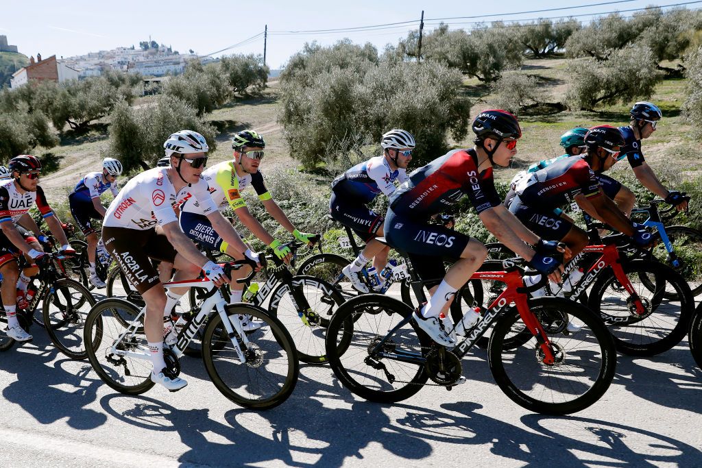 ALCALA LA REAL SPAIN FEBRUARY 17 LR Gijs Van Hoecke of Belgium and Ag2R Citroen Team and Carlos Rodriguez Cano of Spain and Team INEOS Grenadiers compete during the 68th Vuelta A Andalucia Ruta Del Sol 2022 Stage 2 a 1506km stage from Archidona to Alcal La Real 982m 68RdS on February 17 2022 in Alcala la Real Spain Photo by Bas CzerwinskiGetty Images