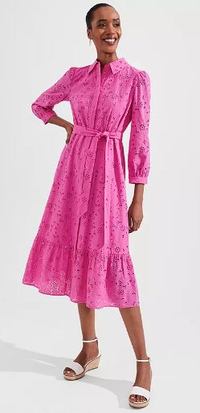 Hobbs Briella Broderie Midi Dress, Deep Fuchsia | $209/£160 | John Lewis &amp; Partners