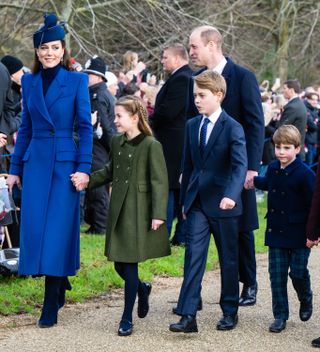 Princess Charlotte of Wales, Prince William, Prince of Wales, Prince George of Wales, Prince Louis of Wales and Catherine, Princess of Wales attend the Christmas Morning Service at Sandringham Church on December 25, 2023.