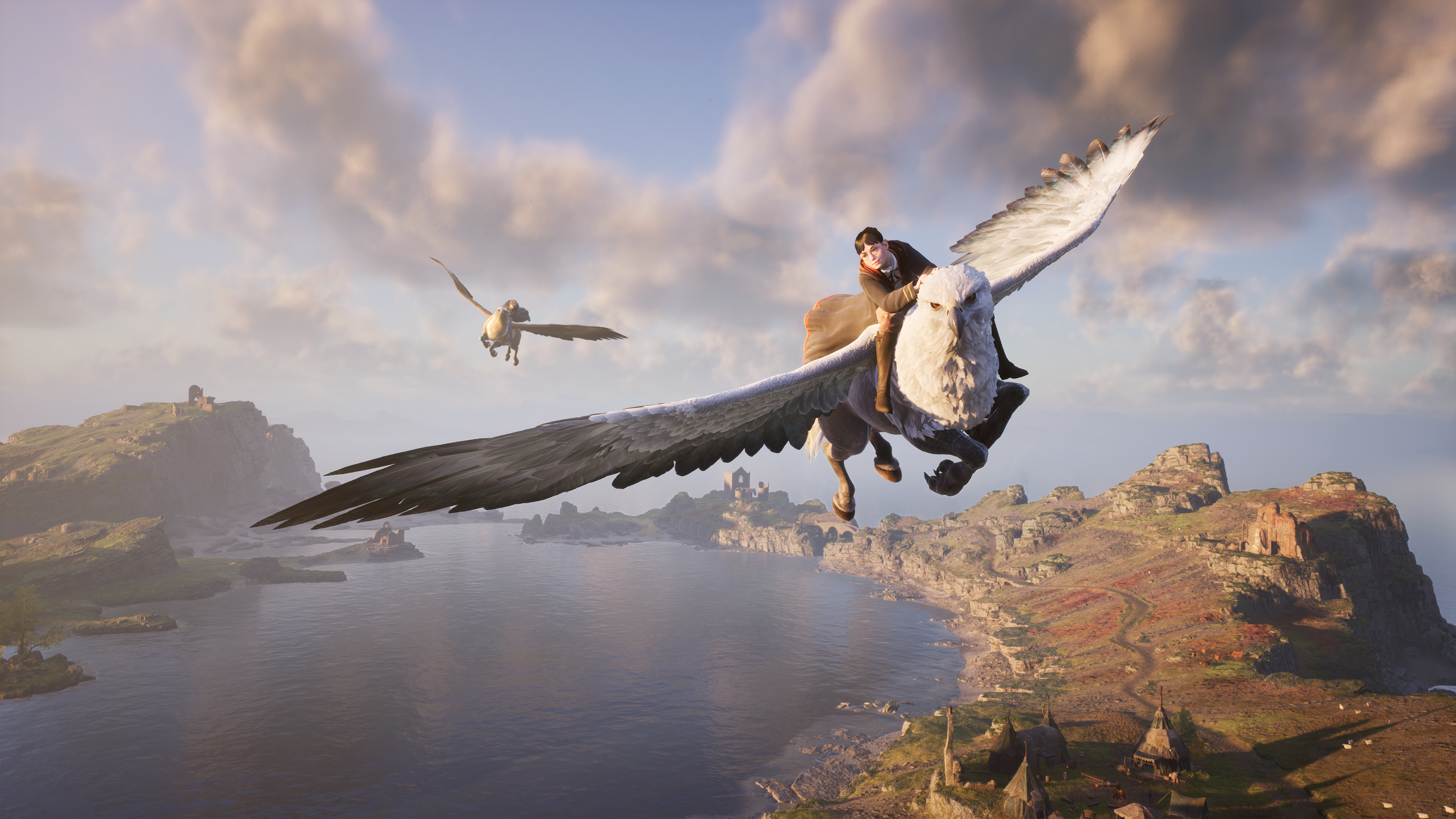 A still from Hogwarts Legacy trailer showing a student riding a Hippogriff