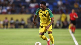 Renaldo Cephas #20 of Jamaica drives the ball during the Group Stage - Group C match between Jamaica and Guatemala as part of the 2025 CONCACAF Gold Cup at Dignity Health Sports Park on June 16, 2025 in Carson, California.