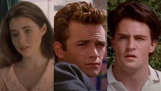 Brenda Walsh (Shannen Doherty) speaks to Brandon, Dylan McKay (Luke Perry) speaks to Brandon and Roger Azarian (Matthew Perry) speaks to his father on Beverly Hills, 90210