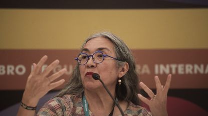 cristina rivera garza on a panel at the guadalajara book festival in 2023