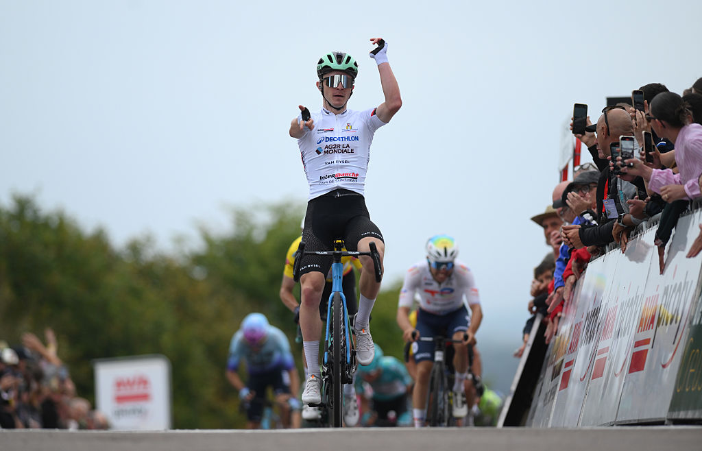 Paul Lapeira of France and Decathlon AG2R La Mondiale Team - White Best Young Rider Jersey celebrates at finish line as stage winner during the 58th Tour du Limousin - Nouvelle Aquitaine 2025, Stage 3 a 182.7km stage from Saint-Jal to Masseret 510m on August 21, 2025 in Masseret, France. (Photo by Alex Broadway/Getty Images)