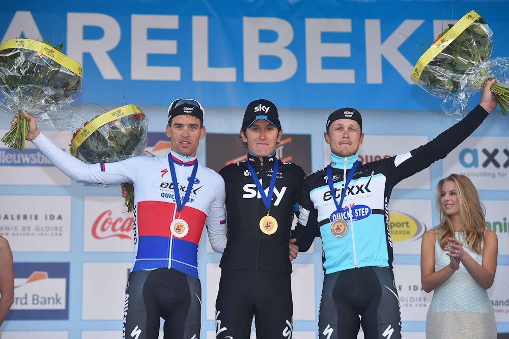 Stybar, Thomas and Trentin on the podium.