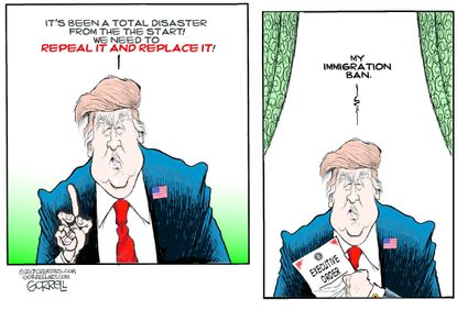 Political Cartoon U.S. Donald Trump immigration ban repeal and replace