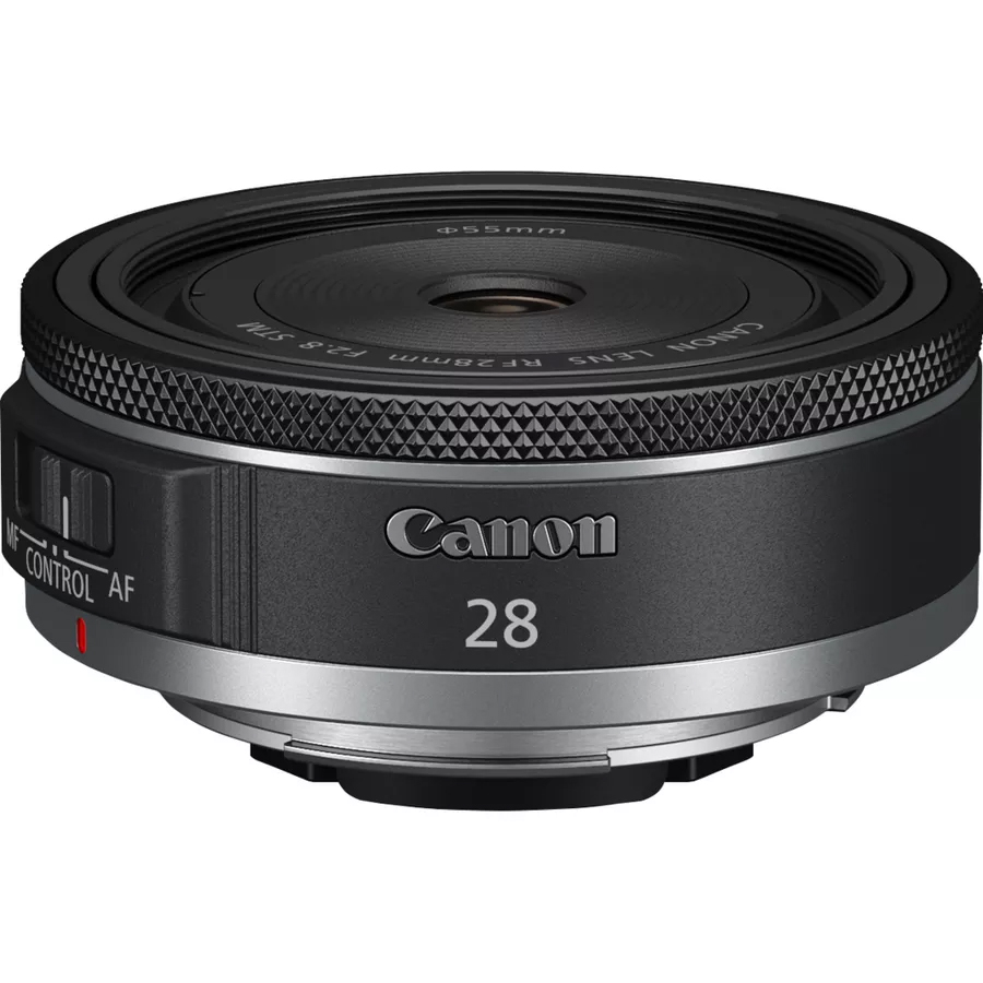 Canon RF 28mm f/2.8 STM lens against a white background
