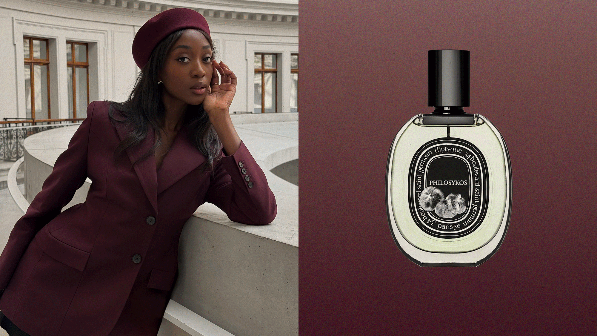 Collage of woman wearing a burgundy coat and gif of beauty products. 