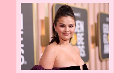 Selena Gomez arrives at the 80th Annual Golden Globe Awards held at the Beverly Hilton Hotel on January 10, 2023 in Beverly Hills, California/ in a pink and peach template