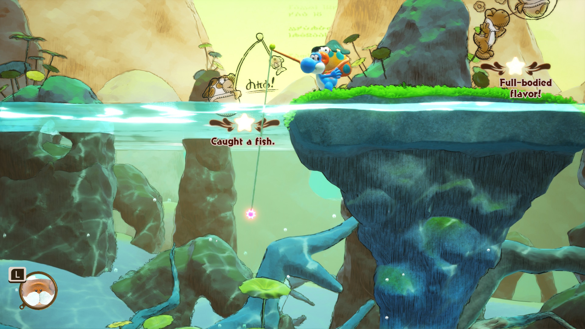 Yoshi fishing in Yoshi and the Mysterious Book
