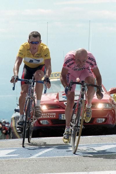 Marco Pantani wins at the summit of Mont Ventoux in the 2000 Tour de France.