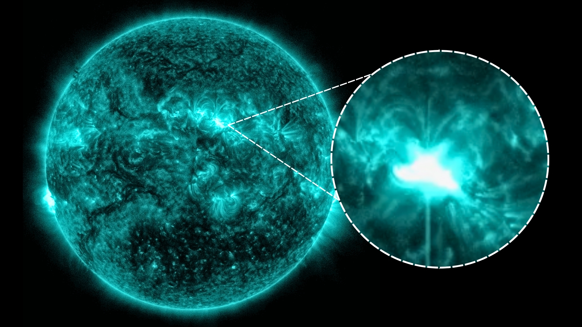 the sun viewed by NASA&#039;s SDO and close up view of the location of the x class solar flare on the sun&#039;s surface.