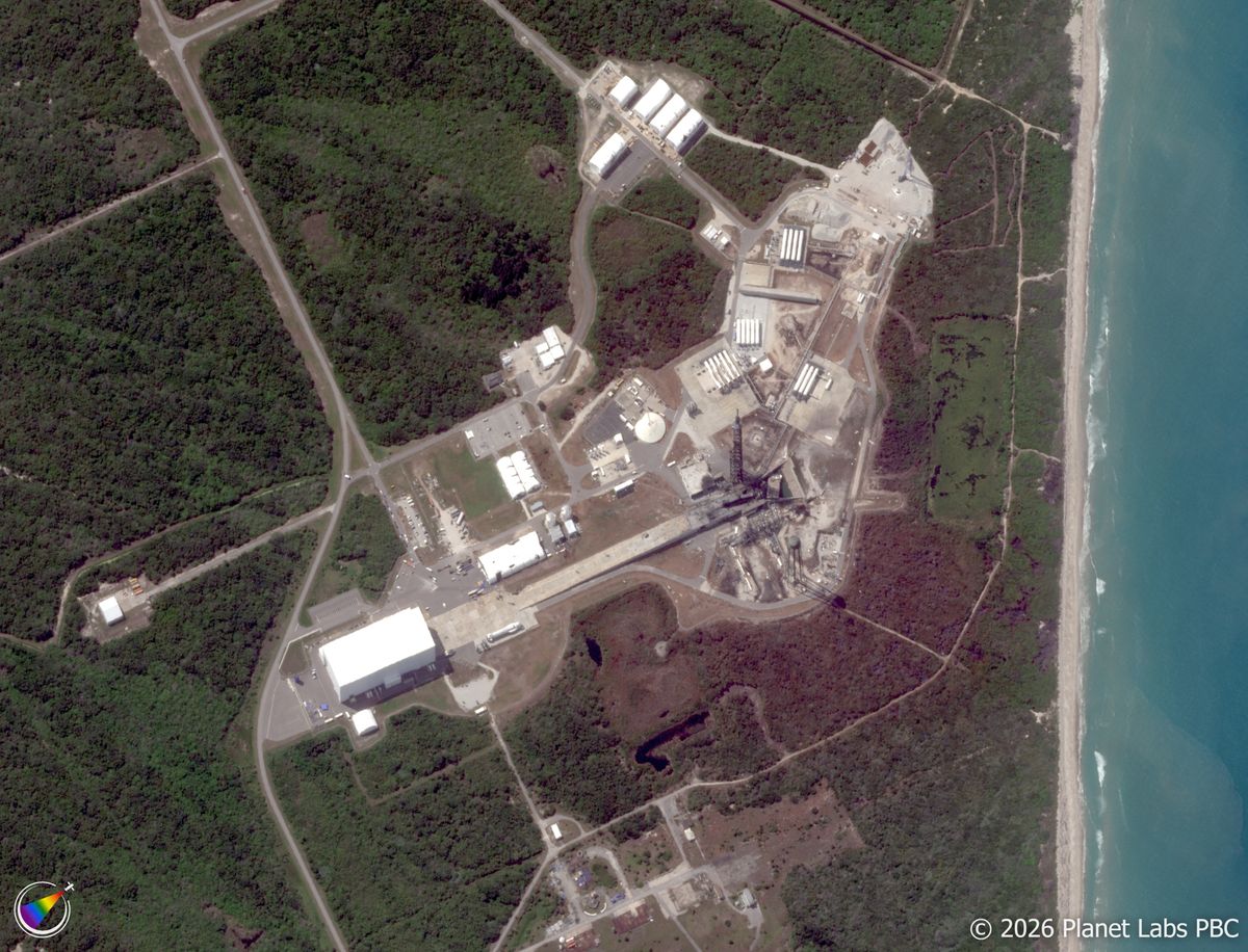 Satellite view of the aftermath of a rocket explosion on a lanchpad.