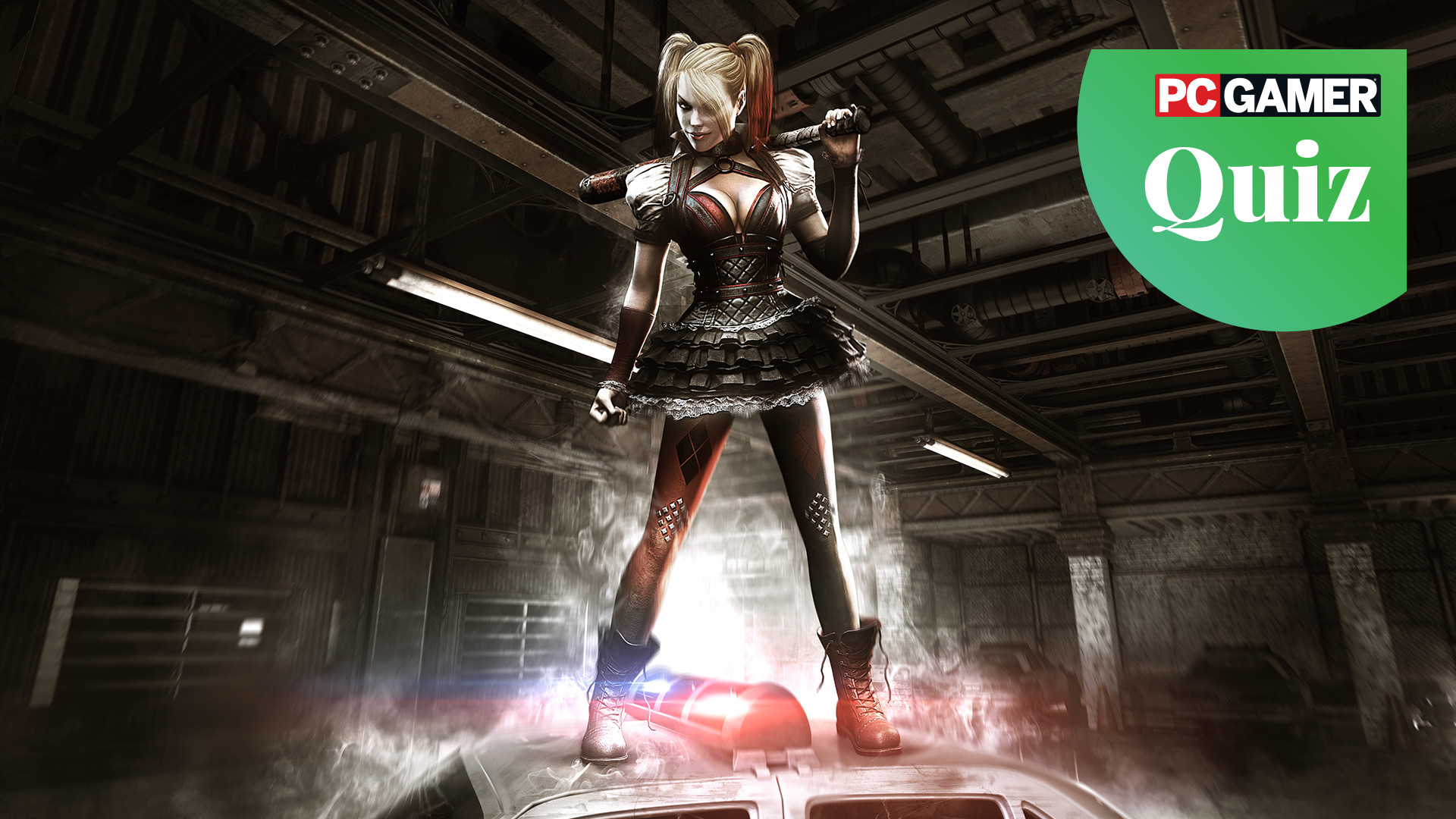 Harley Quinn standing on a police car holding a baseball bat in Batman: Arkham Knight.